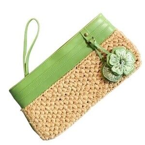 LOFT Y2K Clutch Wristlet Lime Green Faux Leather Trim & Flower Detail Straw Body